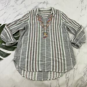 Soft Surroundings Embroidered Tunic Top Size M White Colorful Stripe Paisley